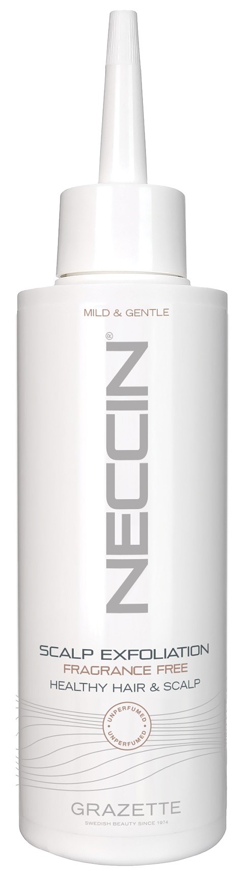 Een witte fles met scherpe punt, gemarkeerd 'NECCIN' voor hoofdhuid scrub en haargeluk, geurvrij en mild.