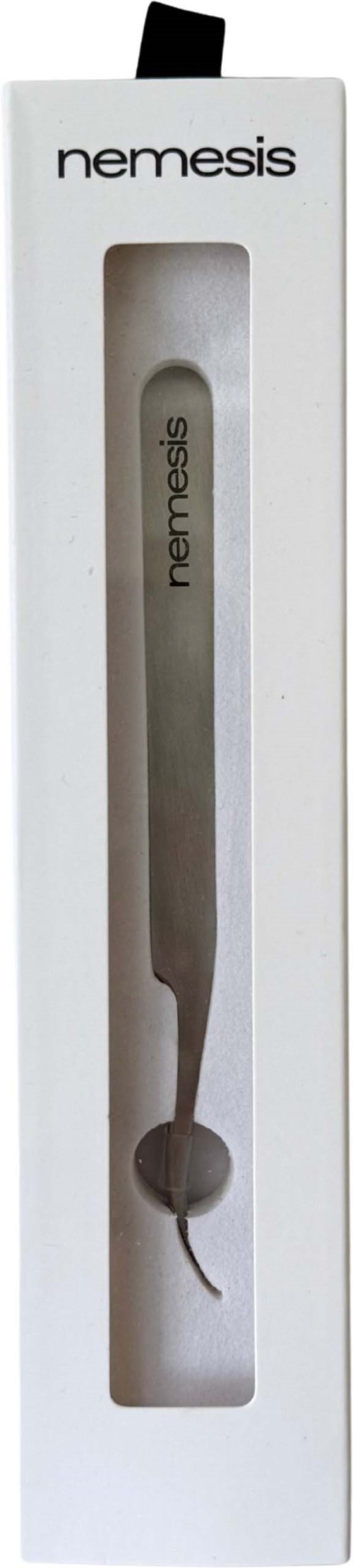 A sterilized metal thermometer in a white box with 'nemesis' text.