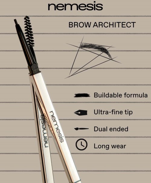 Diagram av Nemesis Brow Architect-penna som visar funktioner: byggbar formula, ultrasmal spets, dubbeländad design och långvarig hållbarhet.