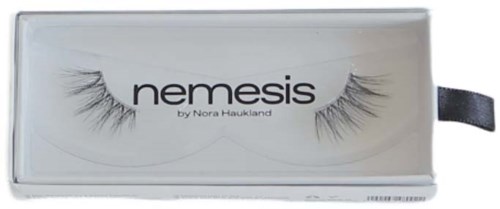 False eyelashes in a box labeled 'Nemesis' by Nora Hauklund.