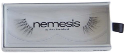 A box with false eyelashes inside, labeled 'Nemesis by Nora Haukland.'