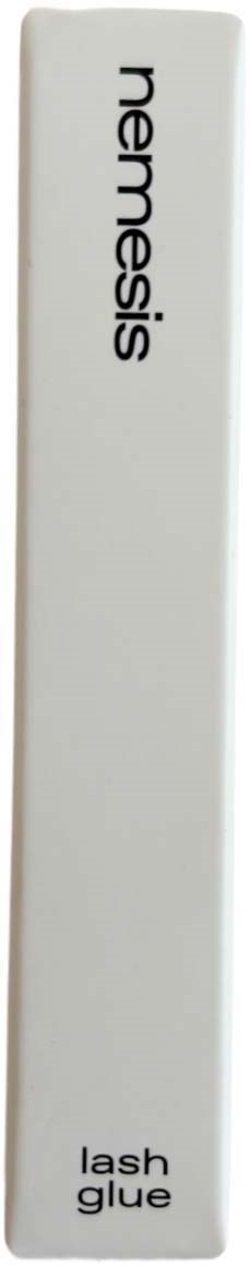A white box labeled "Nemesís lash glue" standing vertically on a black background.