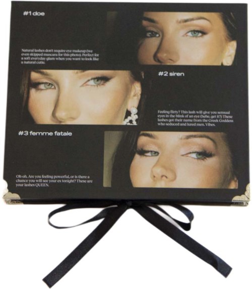 A makeup palette with three different eye looks: natural, siren, and femme fatale, each with an image of an eye.
