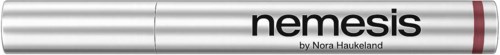 A silver tube with the word "nemesis" and "by Nora Haukeland" on it, likely a product or item label.