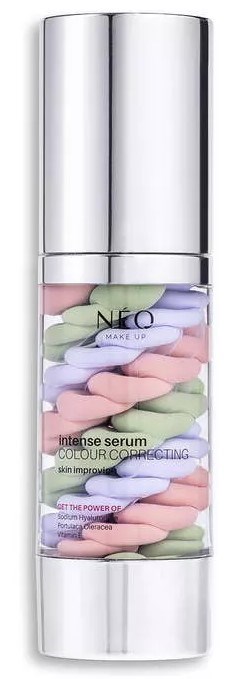Srebrna butelka z kolorowymi kapsułkami wewnątrz, oznaczona 'Intense Serum' dla poprawy skóry.
