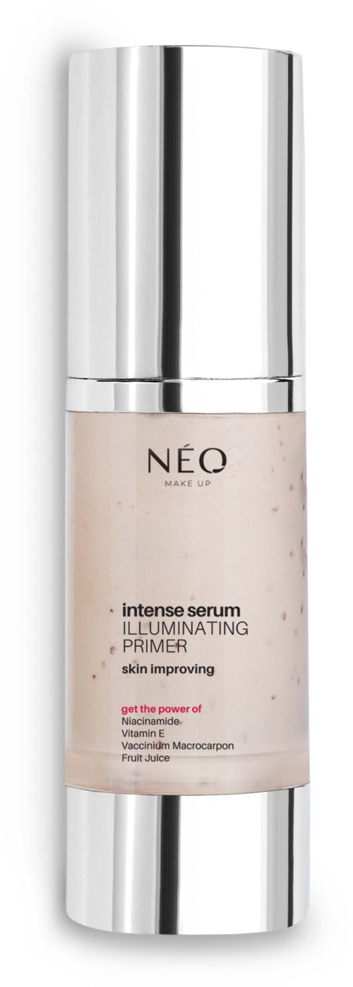 Een huidverzorgingsfles met NEO-markering, beige en zilverkleurig ontwerp, helpt de huid te verbeteren met serum en vitamine E.
