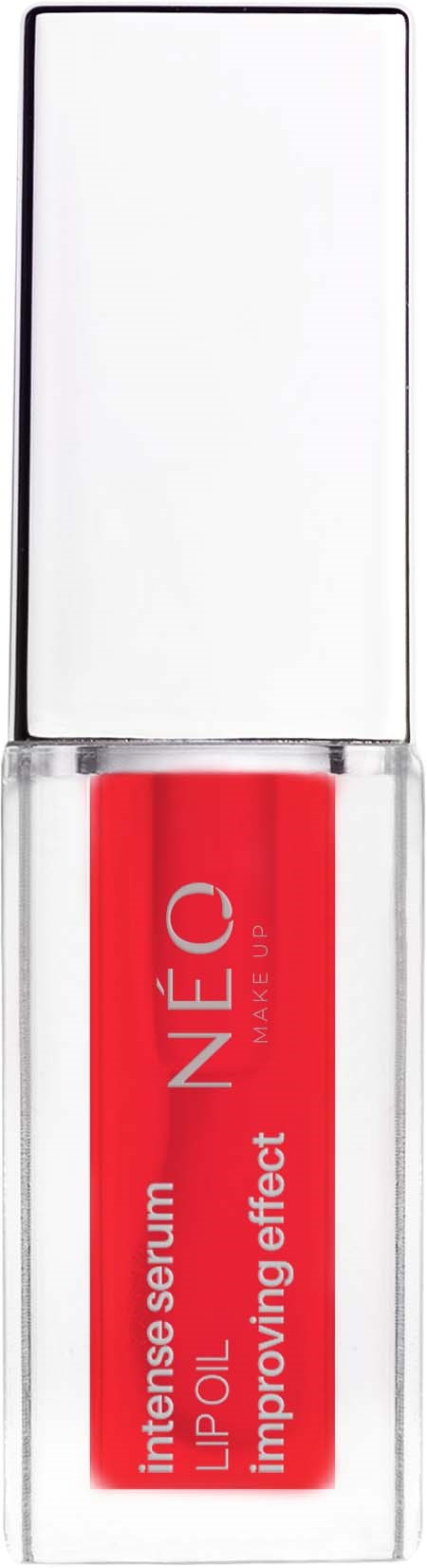 Een rode lipserumfles met een wit label en zilveren dop. Het label bevat tekst over lipserum en verbetering van lippen.