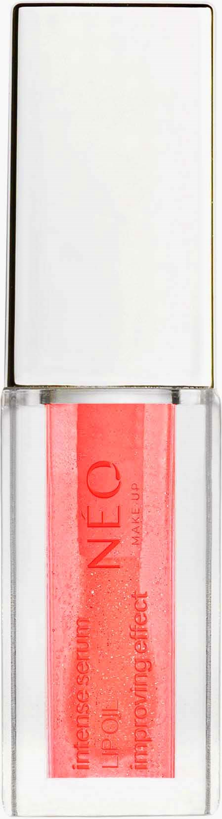 Een lipgloss tube met zilveren dop, bevat roze-rode glans met label "INEO" en "lip effect."
