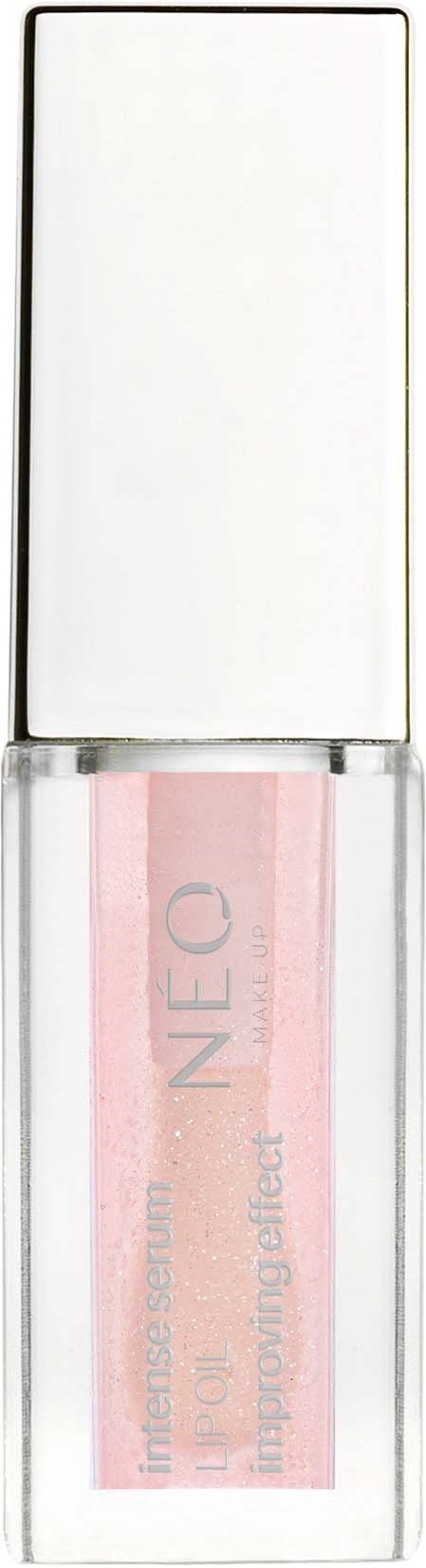 Een fles met een doorzichtige body en een witte dop, gelabeld "NEO" en "Intense Serum".