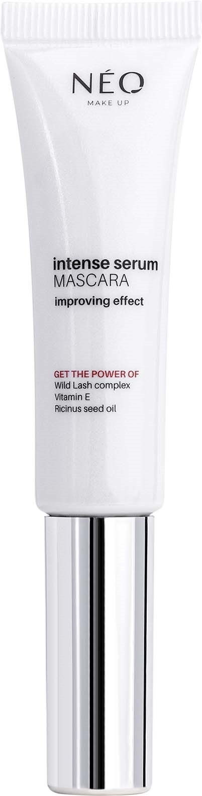 Een witte tube met zilveren deksel, gemarkeerd NEÒ, beschrijft een intense mascara voor het verbeteren van de wimpereffect.