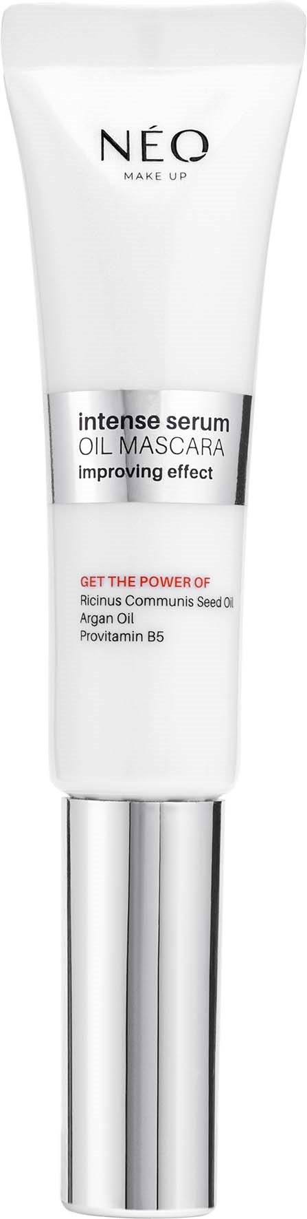 Biała tubka Neo Intense Serum Oil Mascara z czarnym, srebrnym i czerwonym tekstem. Nakrętka jest srebrna.