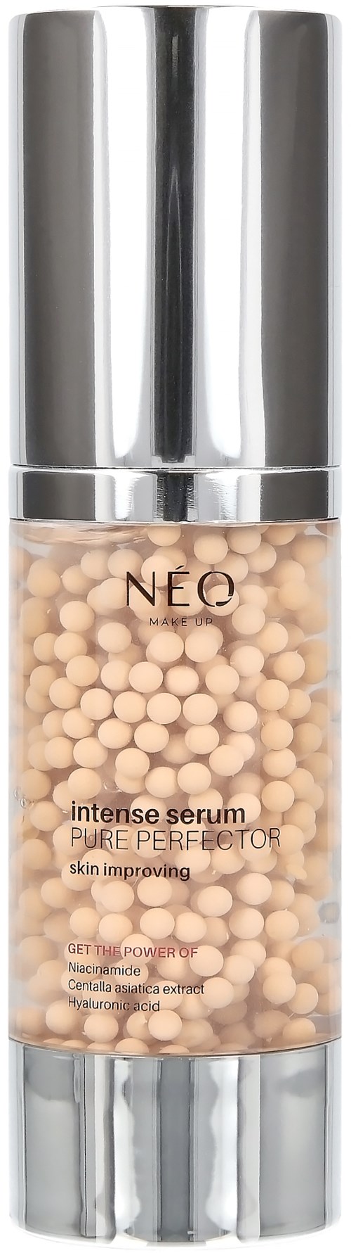 Een fles huidserum met grote ronde balletjes en een zilveren dop, gemarkeerd 'NEO Intense Serum.'