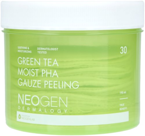 Groene container met witte deksel, gelabeld als huidverzorgingsproduct voor peeling, hydraterend, met groene thee en NEOGEN branding.
