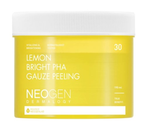 Een gele pot met tekst 'Lemon Bright PHA Gauze Peeling' door NeoGen Dermalogy, 190 ml, voor huidverlichting.