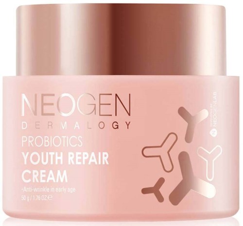 Een roze potje met NEOGEN Dermalogy Probiotics Youth Repair Cream met gouden deksel.