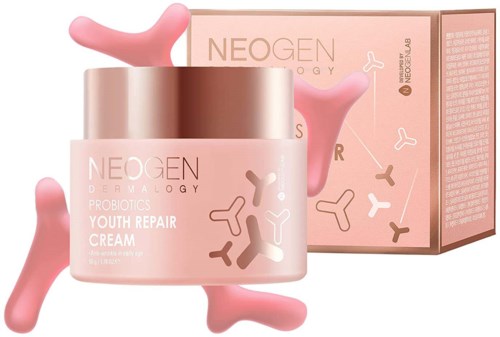 Roze huidverzorgingspot met bijpassend doosje, met abstracte vormen en productnamen voor jeugdherstel.