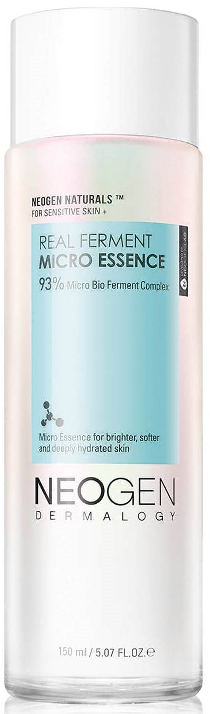 Een witte fles met lichtroze accenten en een label met informatie over Neogen's ferment essence voor gevoelige huid.