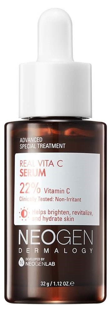 Een bruin druppelflesje van Neogen Dermalogy met serum met 22% vitamine C voor het verhelderen en revitaliseren van de huid.