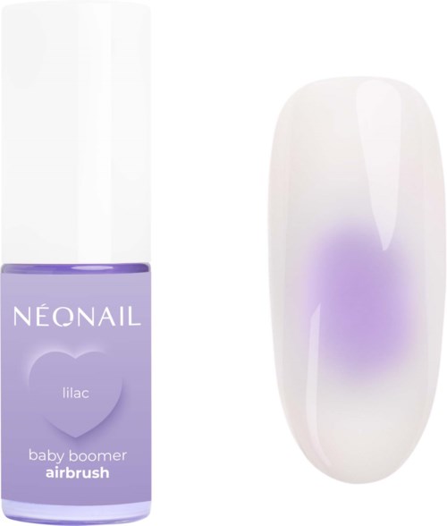 Lila -värinen kynsilakkapullo merkinnällä Néonail Lilac Baby Boomer Airbrush, vieressä gradienttilila ja valkoinen kynsi.