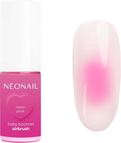 Eine rosa Nagellackflasche mit der Aufschrift 'NEONAIL neon pink baby boomer airbrush' neben einem Nagel mit rosa Farbverlauf.