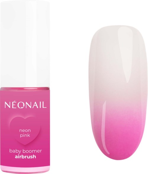 Eine rosa Nagellackflasche mit dem Etikett 'NEONAIL' und einer Farbverlaufsprobe von Weiß zu Pink.