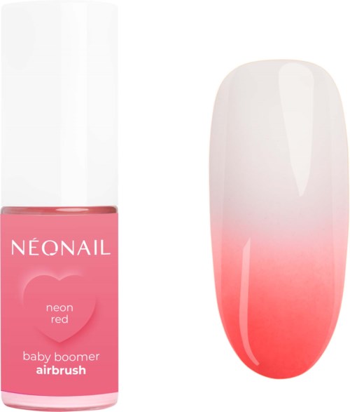 Vaaleanpunainen kynsilakkapullo ja kynsi, jossa on vaaleanpunainen liukuvärjäys. Pullo sanoo 'NEONAIL' ja 'airbrush'.