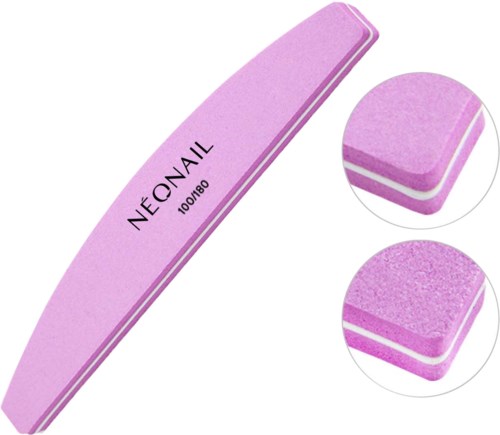 A pink nail file with the brand name NEONAIL and a sample of its texture and layers.