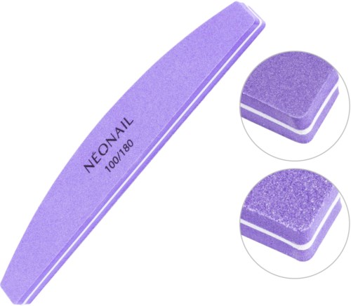 A purple nail file with the brand name 'NEONAIL' and grit number 100/180, shown from different angles.