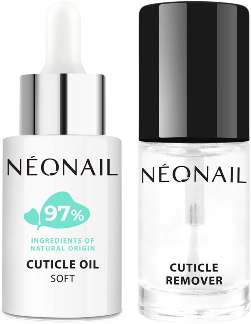 Two nail care products: one with a dropper labeled 'Cuticle Oil' and another in a small bottle labeled 'Cuticle Remover.'