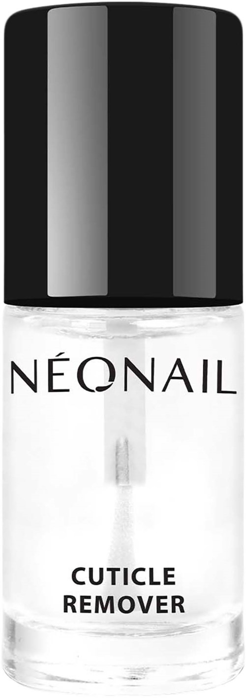A bottle of NeoNail cuticle remover with black cap and clear liquid inside.