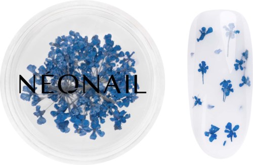 Blue flower-shaped nail decorations in a clear container, with some on a white nail sample.