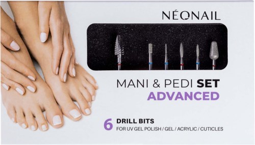 Set of six advanced nail care drill bits for polish, gel, acrylic, or cuticles, shown with hands and feet.