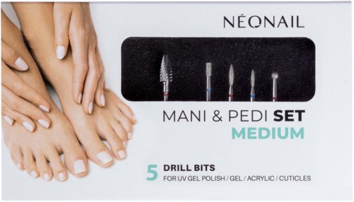 Set of tools for nail and foot care with five drill bits, including gel, polish, and acrylic tools.