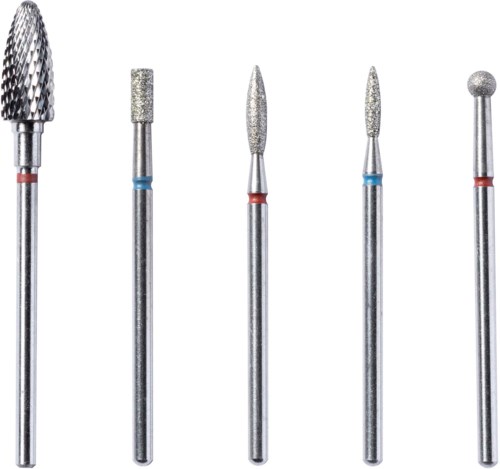 Six different nail drill bits, each with a textured or smooth tip, vary in shape and size.