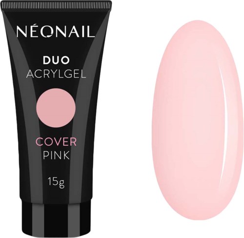 A black tube of nail gel, labeled 'NEONAIL DUO ACRYGEL COVER PINK', with a pink polish and an oval-shaped nail sample.
