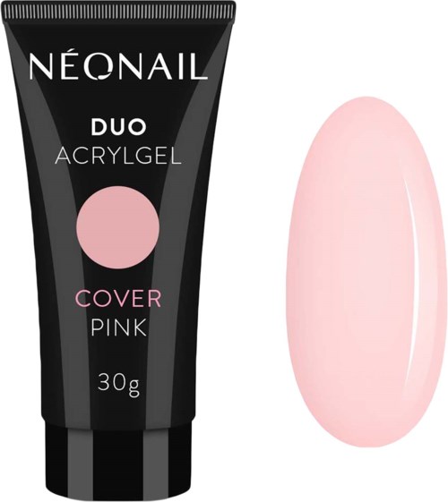 A black tube of nail gel polish labeled 'Neonail Duo Acrylgel Cover Pink', with a swatch of pink nail color next to it.