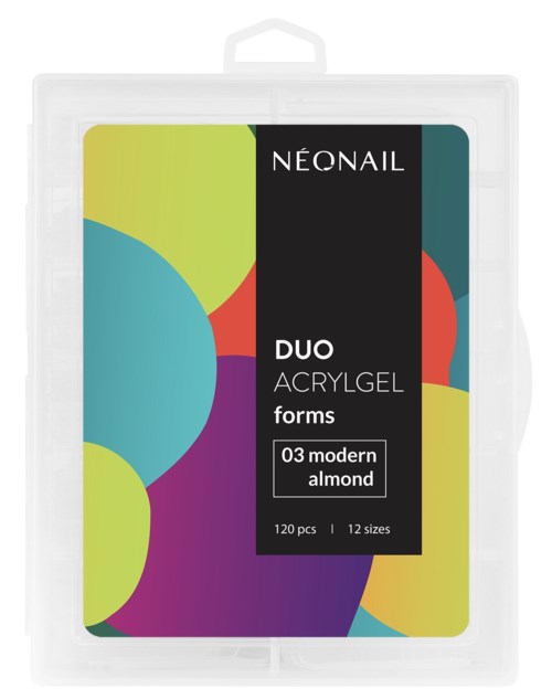 The image shows packaging for NeoNail Duo acrylic gel in almond shade, with colorful abstract shapes and product information.
