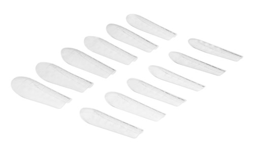 Multiple transparent plastic razors arranged in two rows.
