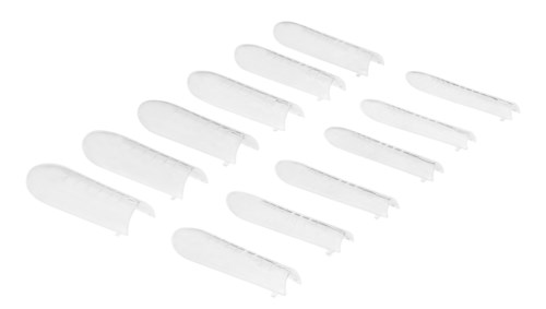 Multiple white plastic spatulas arranged on a surface. They are thin, flat, and have a small handle. Suitable for cooking.