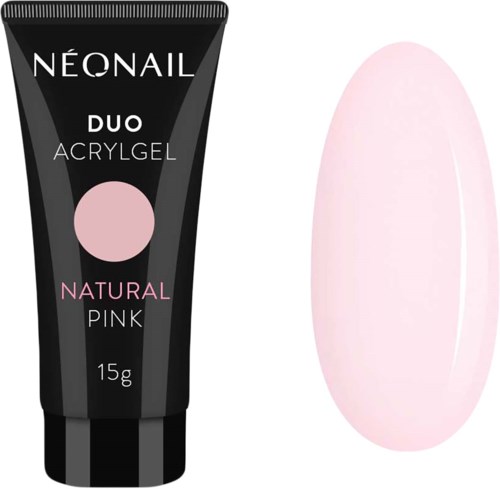 A black tube of nail gel labeled 'NÉONAIL DUO ACRYGEL NATURAL PINK 15g' beside a pink, oval-shaped nail.