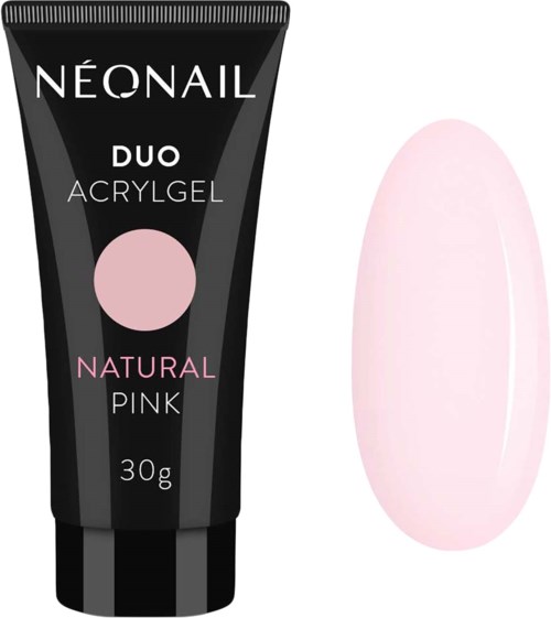 A tube labeled NEONAIL DUO ACRYLGEL in black with pink and white text, beside a light pink gel oval.