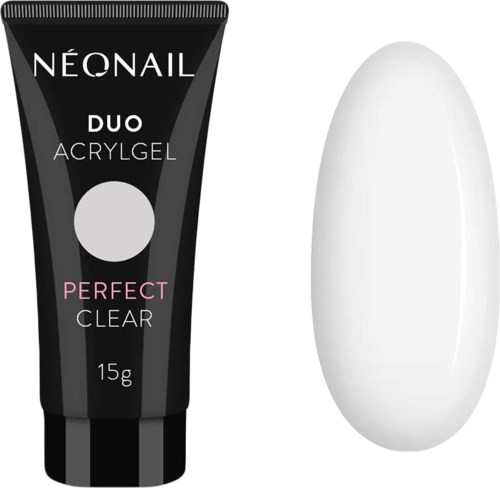 A black tube labeled 'NEONAIL DUO ACRYGEL PERFECT CLEAR' and a white oval-shaped object beside it.