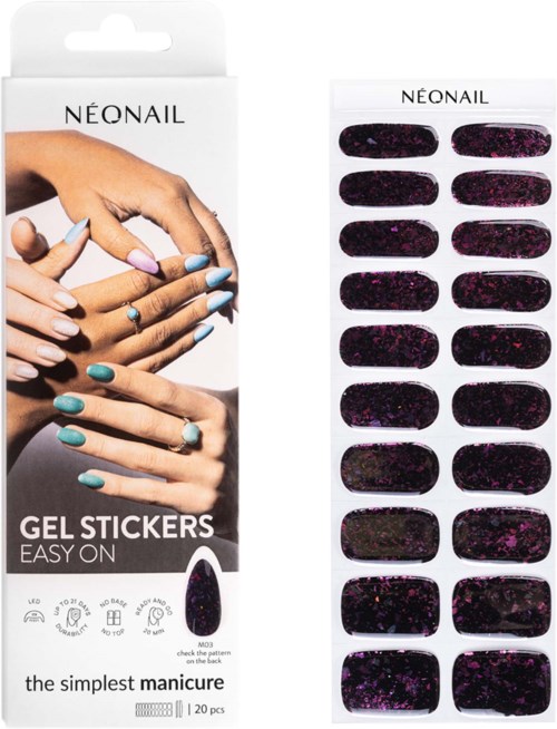 Gel nail stickers with black and purple sparkles, 20 pieces on a sheet for easy nail decoration.