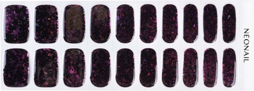 Colorful nail sample strip with pink, purple, and black glitter designs.