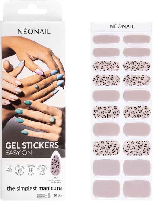 Pack of gel stickers for easy nail decoration, featuring plain and leopard print designs.