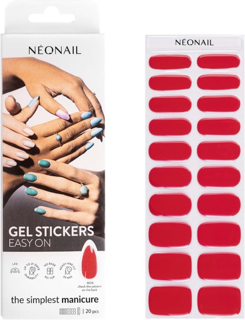 Nail gel stickers in a red color with two strips of adhesive on a package. Easy to apply for a simple manicure.
