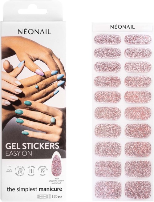 A pack of pink glitter gel stickers labeled 'easy on' with a display of hands showing nail designs.