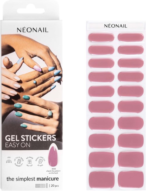 Pink gel stickers for easy nail decoration, shown in packaging and a hand with painted nails.