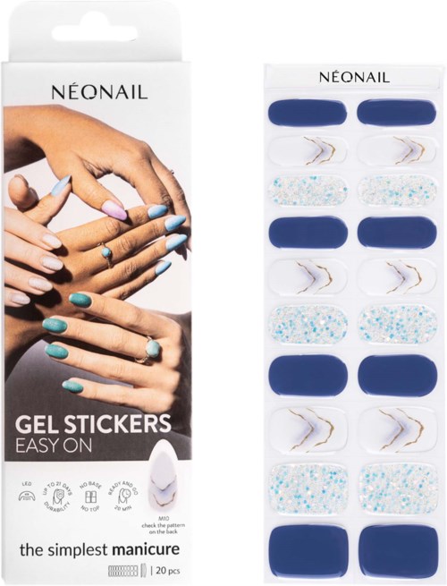 Colorful gel stickers for nails, featuring various designs, including solid, marble, and dotted patterns.