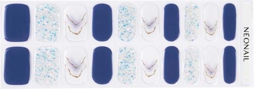 Sets of decorated nail stickers with blue, white, glitter, and marble designs, labeled 'NEONAIL' on the side.